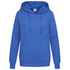A women's hooded sweatshirt in blue, featuring a large front pocket and a branding logo.