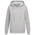 A women's hooded sweatshirt in light grey with a front pocket and a logo.