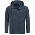 A men's hooded fleece jacket in navy blue with a zip front, two large pockets, and a drawstring hood.