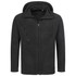 A black hooded fleece jacket featuring a zip front and pockets, with a logo on the side.