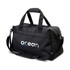 A black recycled duffle bag with handles and a removable shoulder strap. It features a logo on the side.