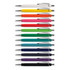A collection of multicoloured soft-touch pens arranged in a grid, featuring silver accents and a logo.