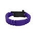 A purple paracord survival bracelet with a black buckle and adjustable strap. It features a logo on the side.