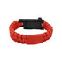 A red paracord survival bracelet with a black buckle and a smooth section for branding.