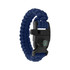 A navy blue survival bracelet featuring a whistle, compass, and paracord design, with a small logo on the clasp.