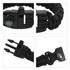 A black paracord bracelet featuring a compass, whistle, and emergency survival tools. Includes a buckle for secure fastening.