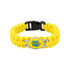 A yellow braided paracord bracelet featuring a themed pendant with a decorative design and a black clasp.