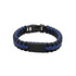 A paracord bracelet in blue and black, featuring a black metal plate and a secure clasp.