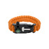 An orange paracord bracelet featuring a compass and a black clasp. It has a woven design for durability.