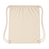 A drawstring backpack in a light beige colour with matching drawstrings and a logo.