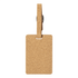 A cork luggage tag with a rectangular shape and a simple loop attachment, featuring a natural cork finish.