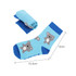 Custom patterned woven socks in blue with koala designs, featuring a rolled-up pair beside the sock, measuring 15.5cm by 12cm.