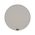 A round makeup mirror in a soft beige colour, featuring a textured finish and a metal clasp at the bottom.