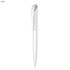 A metal ballpoint pen in white with a sleek design and a silver clip, featuring a logo.