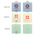 A square folding pocket mirror available in light blue, cream, and mint green, featuring various printed designs and a logo.
