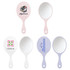 A handheld makeup mirror in pink and white featuring various designs, with a smooth reflective surface.