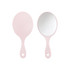 A pink handheld makeup mirror with a smooth, rounded design and a reflective surface on one side.