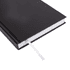 A black A5 diary features a smooth cover and a white ribbon bookmark. It has a sleek, modern design.
