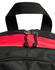 A black and red backpack with a dual zip closure and a top handle. It features a textured fabric and has a logo.