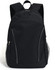 A black backpack featuring side pockets and a logo, designed for promotional use.