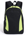A black backpack with vibrant green accents and a side mesh pocket, featuring a logo.
