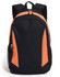 A black backpack with orange accents, featuring a zipped main compartment and mesh side pockets. It has a logo on it.