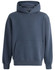 A unisex oversized hoodie in navy blue with a front pocket and a hood. It features a logo on the inside label.