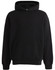 A black unisex premium fleece oversized hoodie with a front pocket and a hood. Features a logo.
