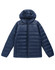 A lightweight, sustainable hooded puffer jacket in navy blue, featuring a zip front and a branded logo.
