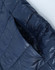 A navy blue lightweight puffer jacket featuring a zippered pocket and a hood, with a glossy finish.