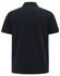 A navy blue short-sleeved polo shirt with a flat collar and a logo displayed.