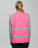 A pink high-visibility safety vest featuring reflective stripes and a back view. It includes ID and utility pockets.