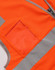 An orange high visibility vest with grey reflective strips and a clear ID pocket.