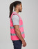 A pink high-visibility safety vest features grey reflective strips and multiple utility pockets. It has a branded logo.