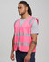 A bright pink safety vest with reflective stripes, featuring utility pockets and a front zip, worn by a male model.