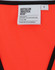 A vibrant orange safety vest with black trim and a tag indicating size and brand details, featuring a logo.