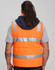 A unisex hi-vis hooded puffer vest in bright orange, featuring reflective stripes and a navy hood.