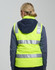 A unisex hi-vis hooded puffer vest in bright yellow with reflective strips and a navy blue hood.