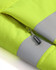 A close-up of a bright yellow unisex hooded puffer vest featuring grey accents and a zipper detail.