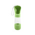 A drink bottle and food container in green, featuring a top compartment for water and a lower section for food, with a strap.