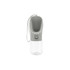 A drink bottle in grey and transparent, featuring a flexible top and a button mechanism. Includes a carrying strap.