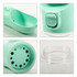 A drink bottle with a mint green hue and a clear water reservoir, featuring a button mechanism and drainage holes.