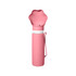 A drink bottle in pink with a collapsible flower-shaped bowl at the top and a white grip band. It features a logo.