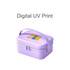 A portable mini suitcase in lavender, featuring a handle and a zip closure, with a logo on the lid.