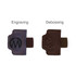 A magnetic bookmark with pen clip featuring two options: one in purple with engraving and one in brown with debossing.