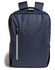 A navy blue backpack with a front zip pocket and padded shoulder straps, featuring a logo.