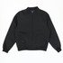 A black bomber jacket with a zip front and side pockets, featuring a plain design and elastic cuffs.