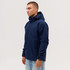 A navy utility jacket with a hood displayed on a model, featuring a sleek, modern design.