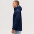 A navy blue utility jacket displayed on a model from the side, featuring a hood and a sleek design.