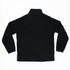 A black polar fleece full zip jacket featuring a collar and long sleeves. It has a logo on the back.